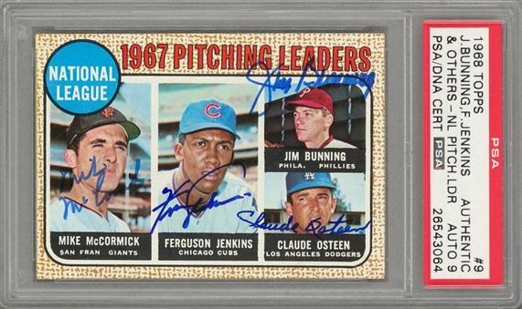 1968 Topps #9 "1967 Pitching Leaders" Multi-Signed Card - Signed by Two HOF Pitchers – PSA/DNA MINT 9